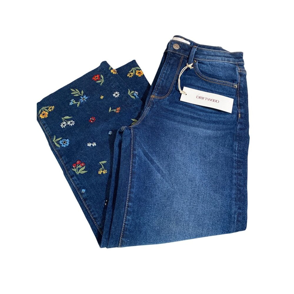 Driftwood Women's Charlee Jeans with Tags Embroidered Floral Denim Frayed Hem